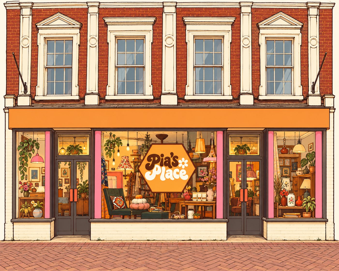 The Pia’s Place shopfront on King’s Lynn High Street, with its orange sign and pink pillars